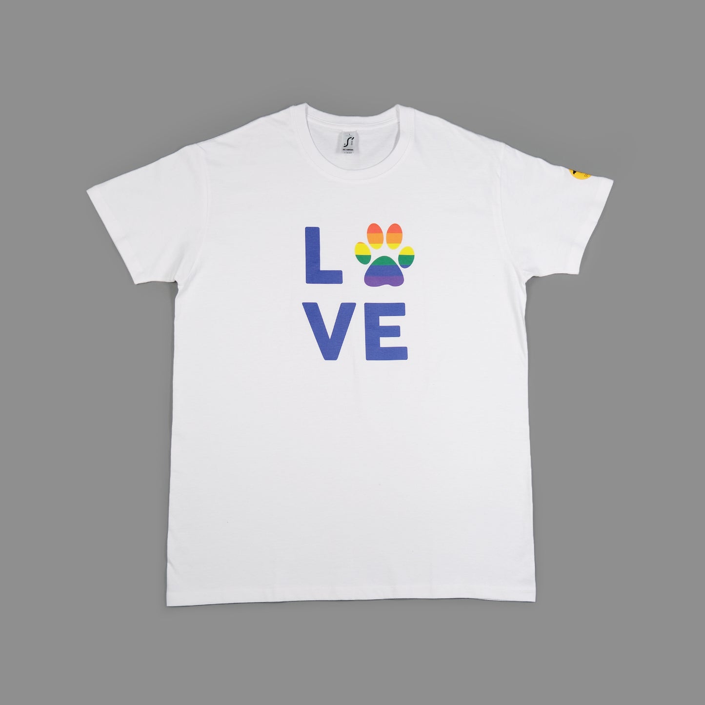 Unisex 'LOVE' T-Shirt - Rainbow Dog Paw Print Design