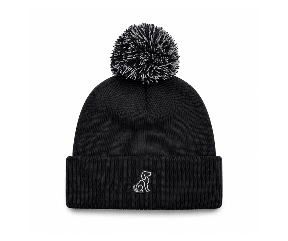 Bobble Hat - Black - Embroidered Dog Outline - Unisex