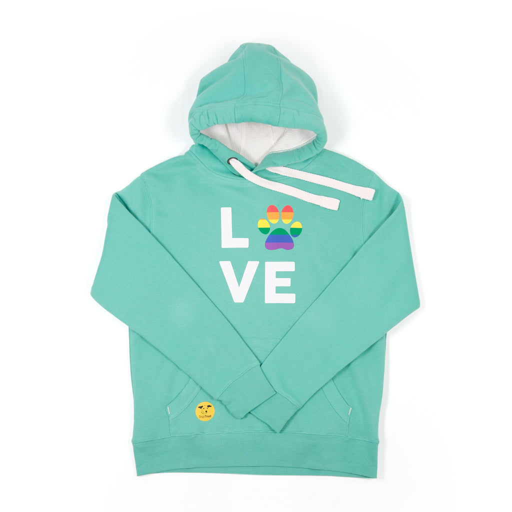 Unisex 'LOVE' Hoodie - Rainbow Dog Paw Print Design