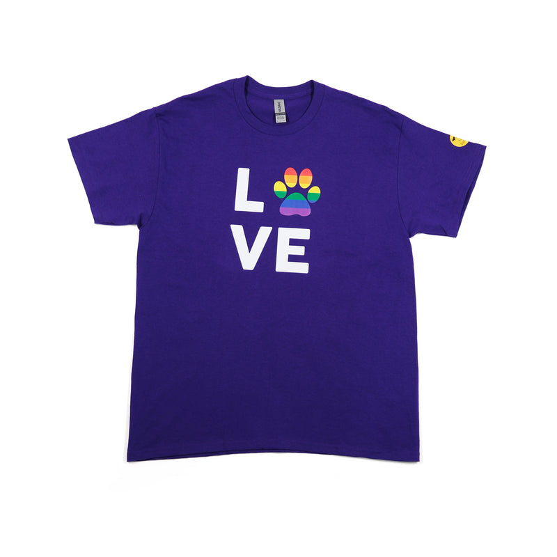 Unisex 'LOVE' T-Shirt - Rainbow Dog Paw Print Design