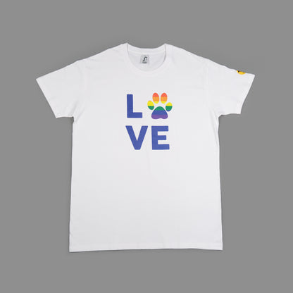 Unisex 'LOVE' T-Shirt - Rainbow Dog Paw Print Design